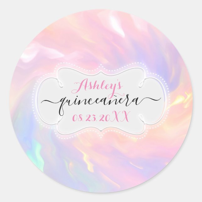 Holographic Princess Save The Date Quinceañera Classic Round Sticker (Front)