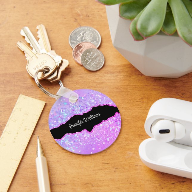 Holographic Purple Glitter Custom Name Agate Key Ring (Desk)