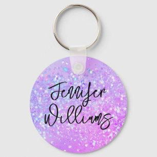 Holographic Purple Glitter Custom Name Script Key Ring