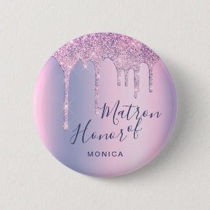 Holographic purple glitter drips matron of honour 6 cm round badge