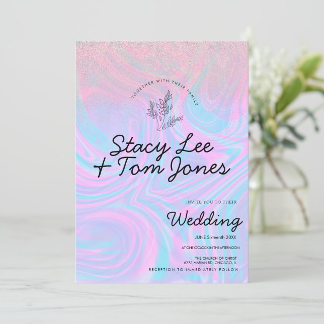 Holographic Purple Pink Glitter Botanical Wedding  Invitation (Standing Front)