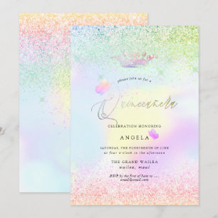 Holographic Quinceanera Pink Butterflies+Glitters Invitation