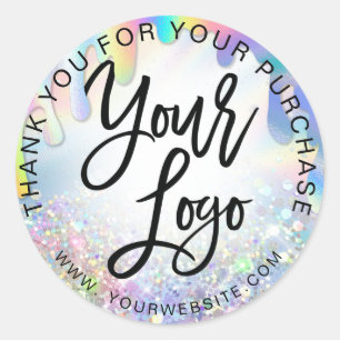 Holographic rainbow add your logo pink thank you classic round sticker