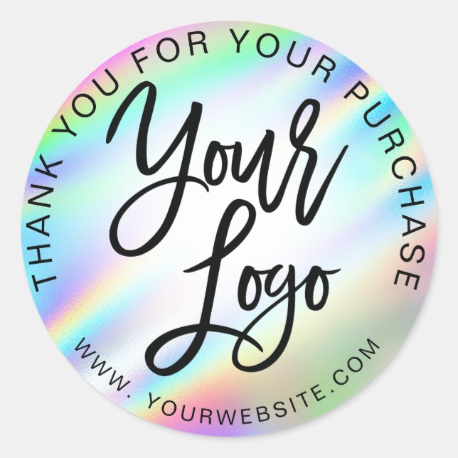 Holographic rainbow add your logo pink thank you classic round sticker (Front)
