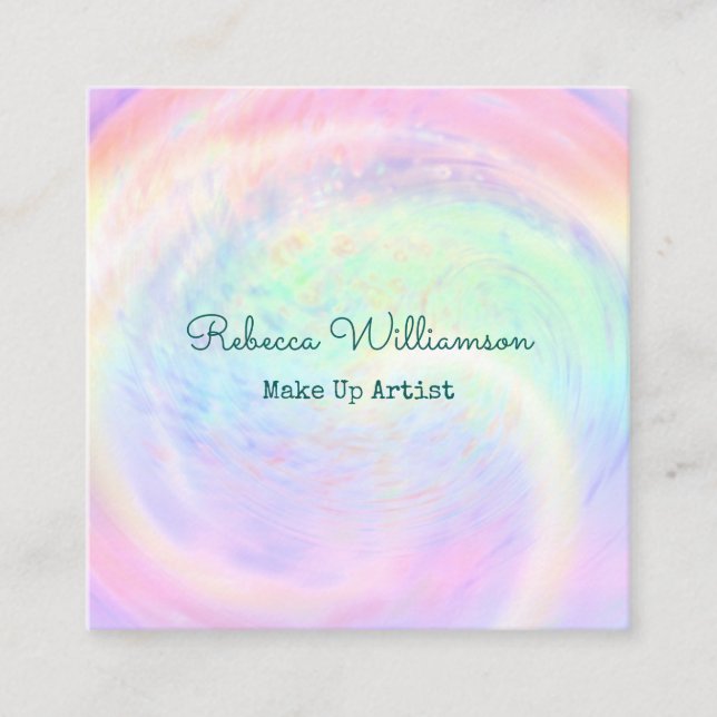 Holographic Rainbow Aesthetic Pastel Swirl Make Up Square Business Card (Front)