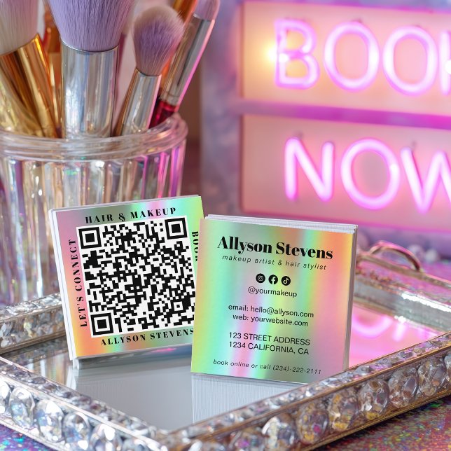 Holographic Rainbow Bold QR Code Hair & Makeup Square Business Card (Holographic Rainbow Bold QR Code Hair & Makeup Square Business Card)