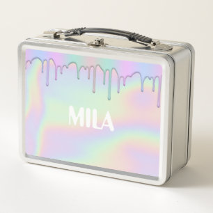 Holographic rainbow colors, cute metal lunch box