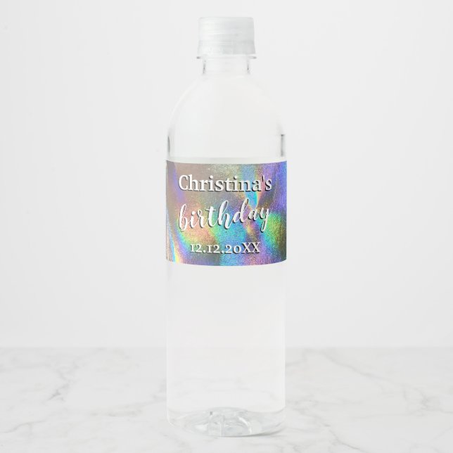 Holographic Rainbow Colours Birthday Party Wedding Water Bottle Label (Front)