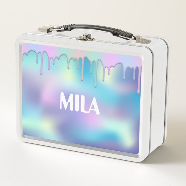 Holographic rainbow colours, cute metal lunch box (Front)
