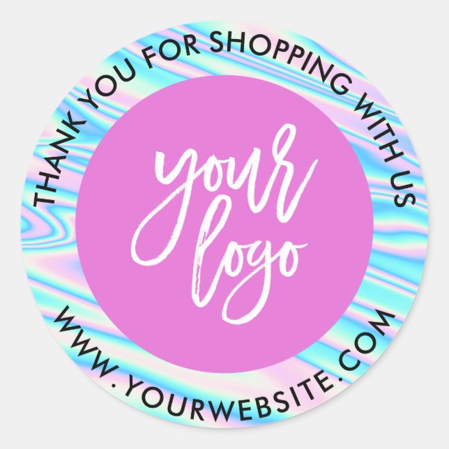 Holographic rainbow custom logo pink thank you classic round sticker (Front)