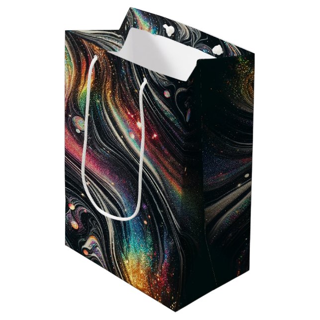 Holographic Rainbow Glitter 70s Galactic Creative  Medium Gift Bag (Front Angled)