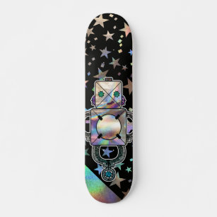 Holographic Rainbow Stars Metallic Glitter Robots  Skateboard