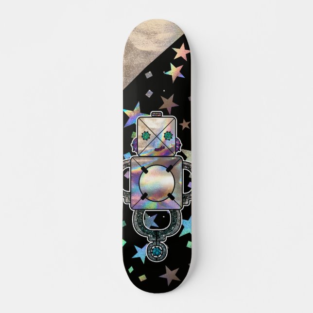 Holographic Rainbow Stars Metallic Glitter Robots  Skateboard (Front)