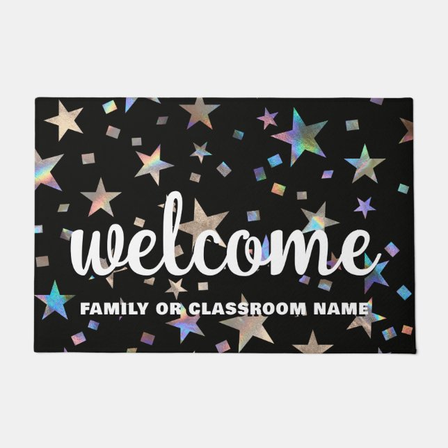 Holographic Rainbow Stars Teacher Classroom School Doormat (Front)