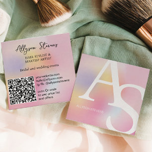Holographic Rainbow Unicorn Initial Makeup QR Code Square Business Card