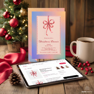 Holographic Red Bow Elegant Christmas Dinner Holiday Card