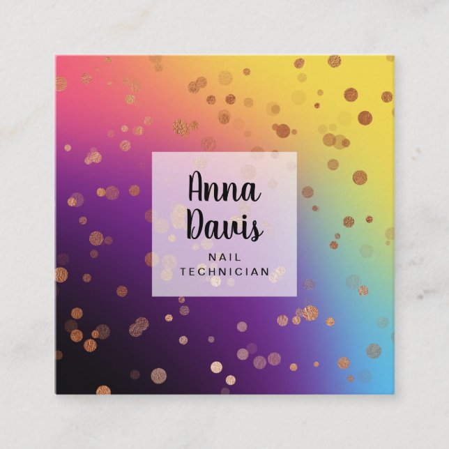 Holographic rose gold confetti nail technician square business card (Front)