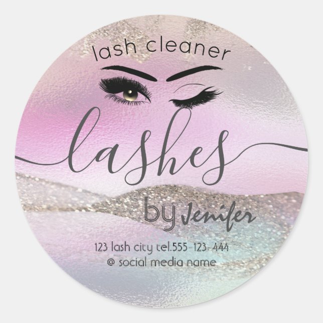 Holographic rose gold glittery wink  lash cleaner  classic round sticker (Front)