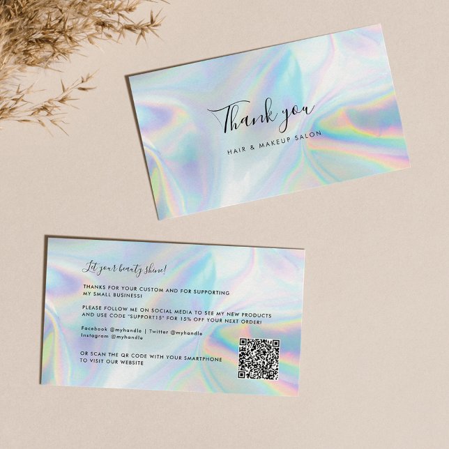 Holographic Script Beauty Salon QR Code Thank You Business Card (Creator Uploaded)