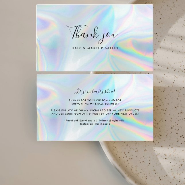 Holographic Script Small Business Thank You Business Card (Holographic Hair and Makeup Business Thank You Card)