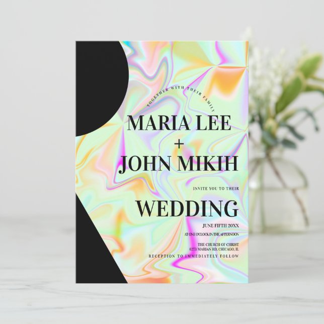 Holographic Shapes Faux Pink Glitter  Invitation (Standing Front)