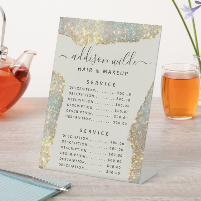 Holographic Signature Script Glitter Service Price Pedestal Sign (In SItu)