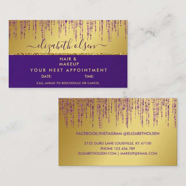 Holographic Signature Script Modern Gold Glitter Appointment Card (Front/Back)