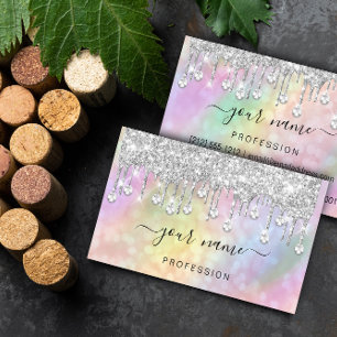 Holographic Silver Glitter Drips Makeup Artist Business Card