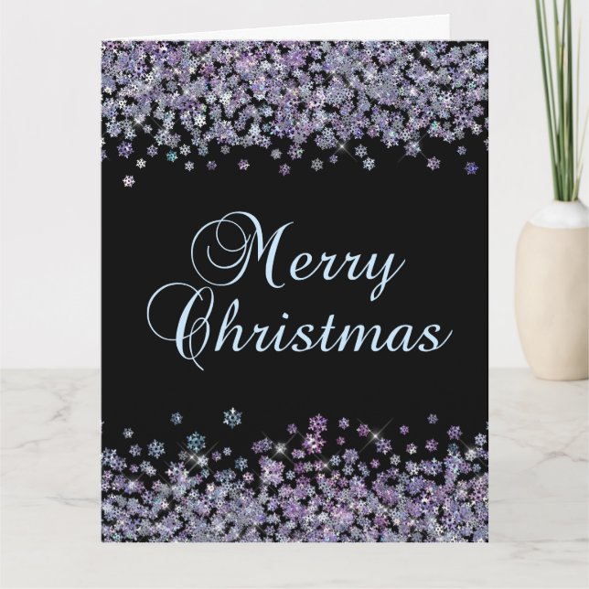 Holographic Snowflakes Black Merry Christmas Card (Front)