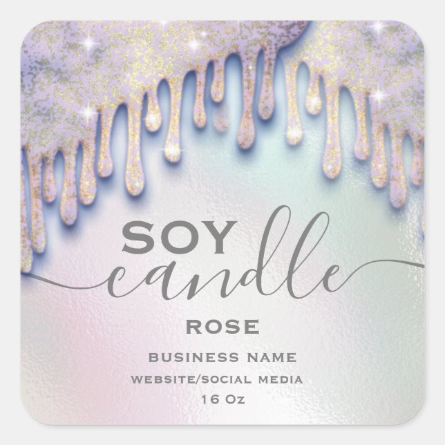Holographic sparkle drips script soy candle label (Front)