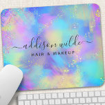 Holographic Sparkle Opal Iridescent Mouse Mat<br><div class="desc">Unleash your inner artist with this chic and stylish mousepad! A vibrant mix of pastel blues, pinks, purples, and yellows creates a dreamy, watercolor-like backdrop. Shimmering glitter accents add a touch of glam, perfect for the creative professional. Personalise it with your name and title in a modern sans-serif font for...</div>