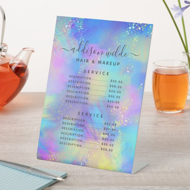 Holographic Sparkle Opal Iridescent Price Menu Pedestal Sign (In SItu)