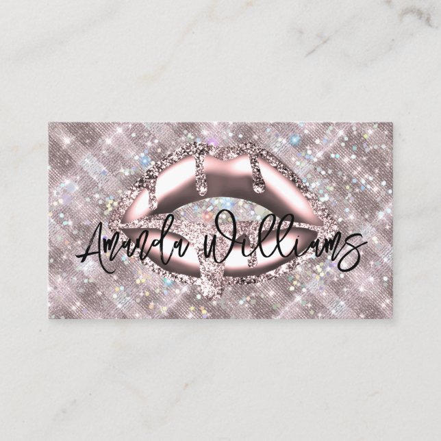 Holographic Sparkles Rose Gold Glitter Lips Unique Business Card (Front)