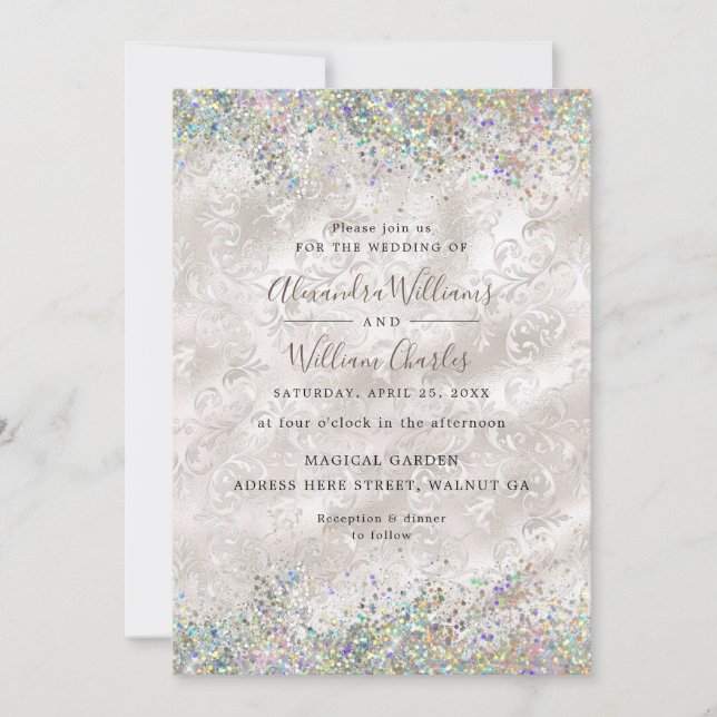 Holographic Sparkly Glitter Elegant Ivory Wedding Invitation (Front)