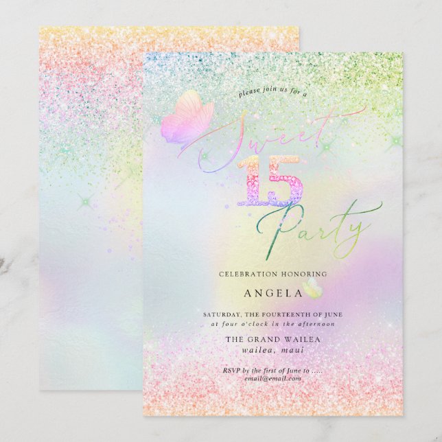 Holographic Sweet 15 Pink Diamond Glitters Invitation (Front/Back)