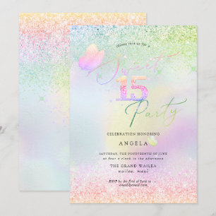 Holographic Sweet 15 Pink Diamond Glitters Invitation