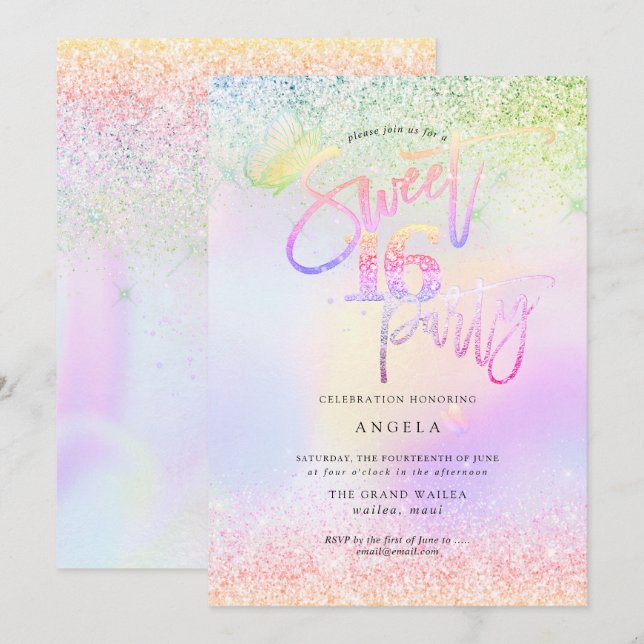 Holographic Sweet 16 Pink Diamond Glitters Invitation (Front/Back)