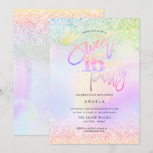 Holographic Sweet 16 Pink Diamond Glitters Invitation