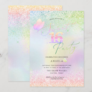 Holographic Sweet 16 Pink Diamond Glitters Invitation