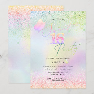Holographic Sweet 16 Pink Diamond Glitters Invitation