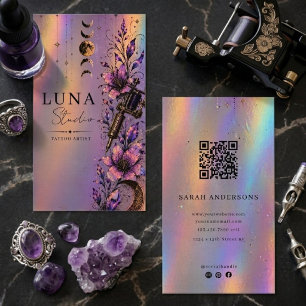 Holographic Tattoo Artist Luxury Iridescent QR Business Card
