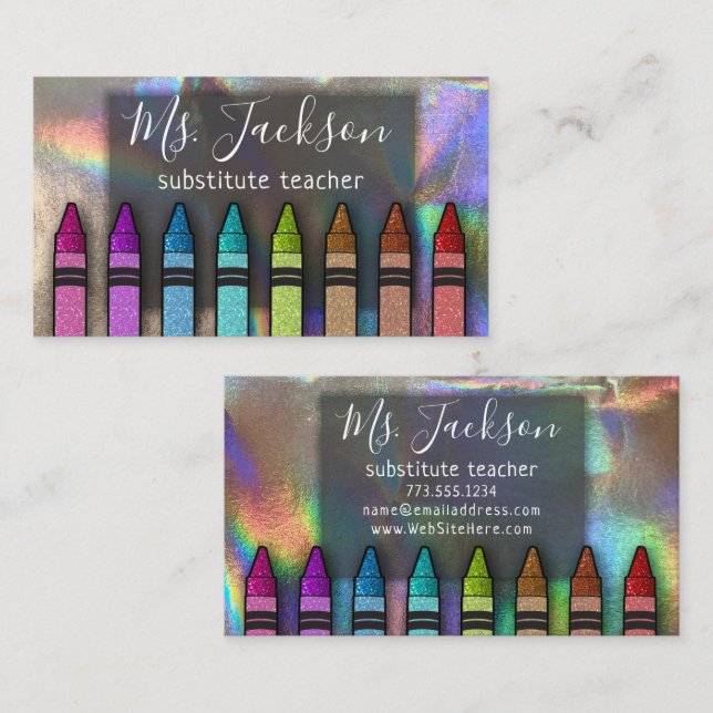 Holographic Teacher Name Rainbow Hologram Crayons Business Card (Front/Back)
