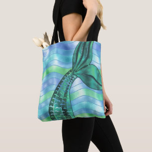 Holographic Teal Mermaid Tail Waves Fun Chic Beach Tote Bag