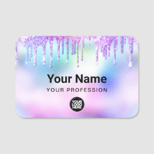Holographic  Trendy Cute Glitter Drips Employee Name Tag