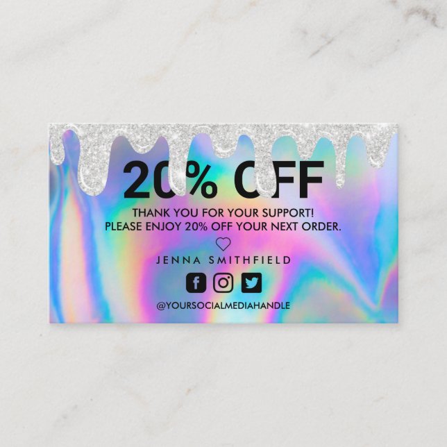 Holographic Trendy Salon Drip Thank You  Business Card (Front)