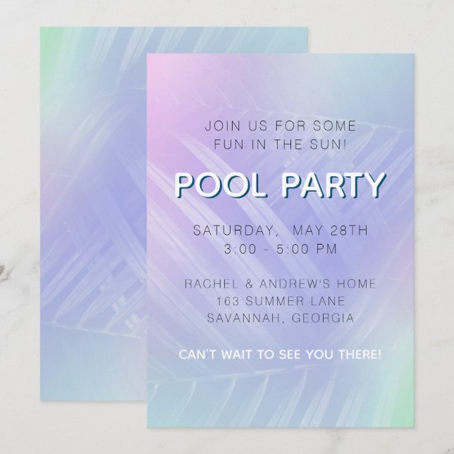 Holographic Tropical Leaves Pool Party Invitation (Front/Back)