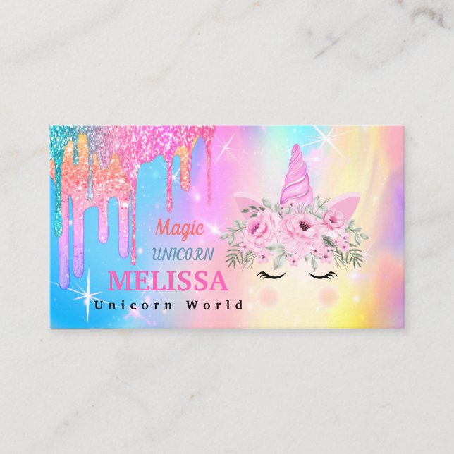 Holographic Unicorn Flowers Glitter  Business Card (Front)