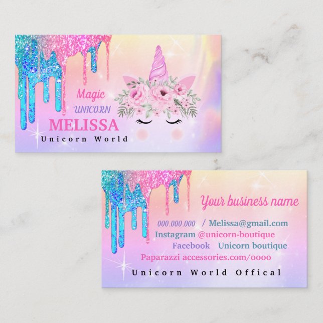 Holographic Unicorn Flowers Glitter  Business Card (Front/Back)
