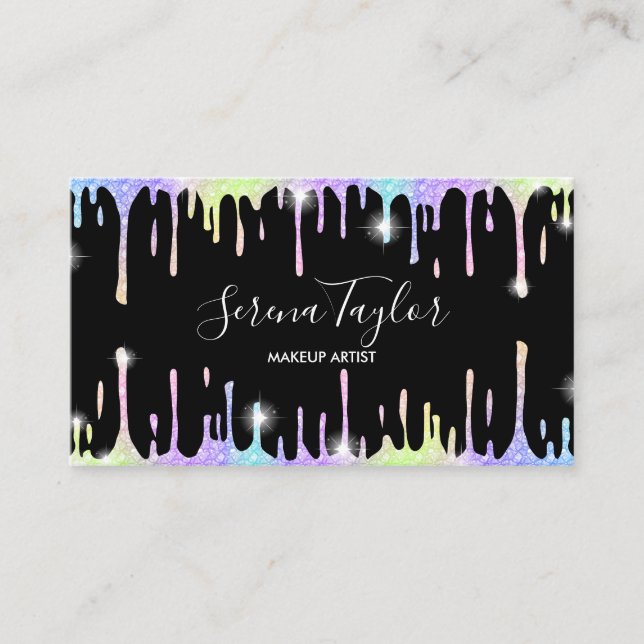 Holographic unicorn makeup lashes glitter drips business card (Front)