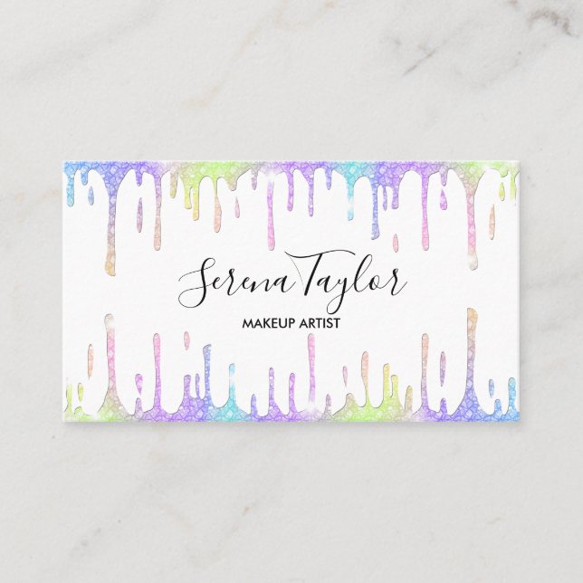 Holographic unicorn makeup lashes glitter drips business card (Front)